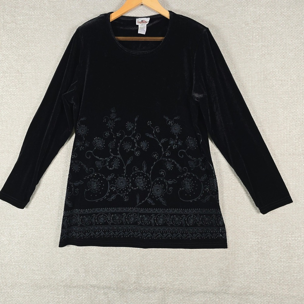 Superline‎ USA Womens Velvet Blouse Black Beaded Floral Long Sleeve Top  M/L